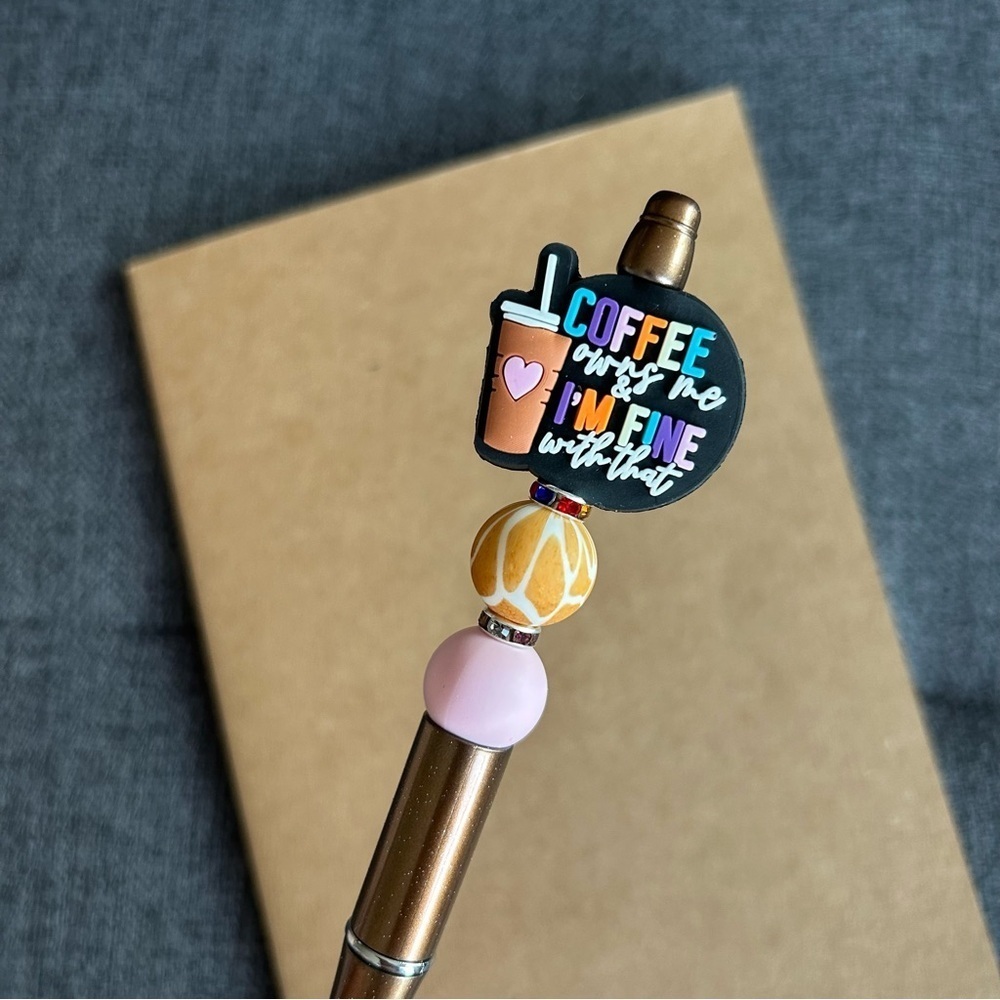 Handcrafted Coffee Theme Pen + Kraft Journal (COFFEE OWNS ME - TAN GLITTER)